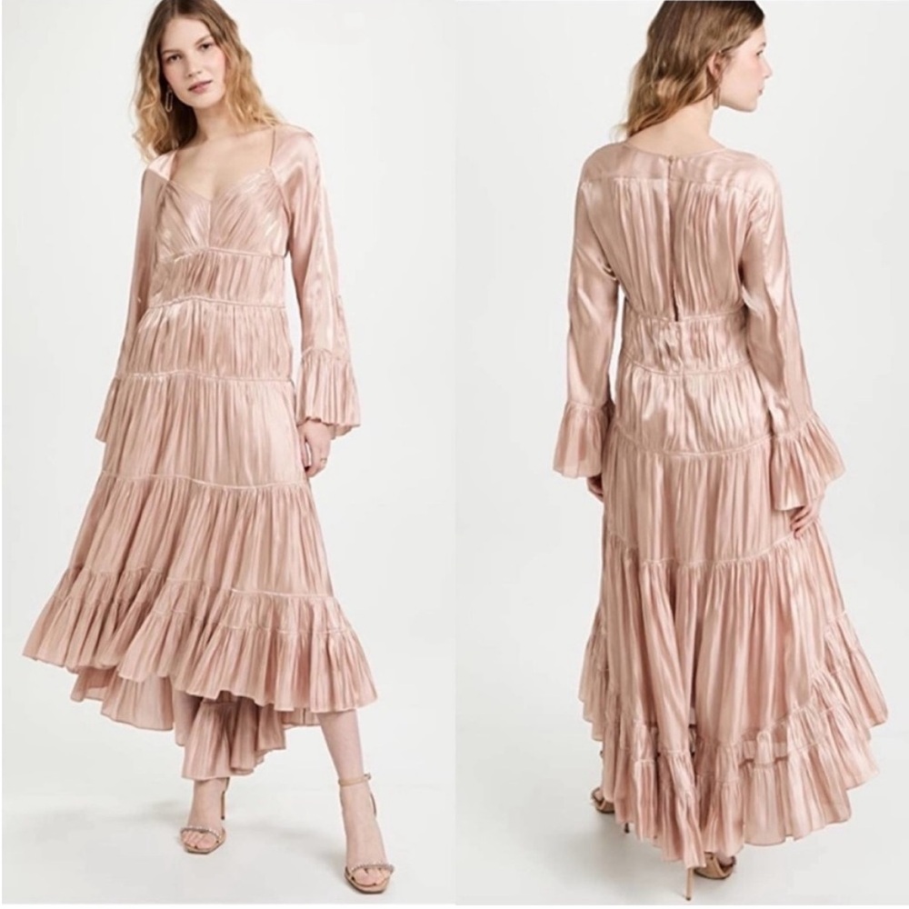 Cinq a Sept Nina Tiered Satin Midi Dress Size 4 shimmery champagne rose gold